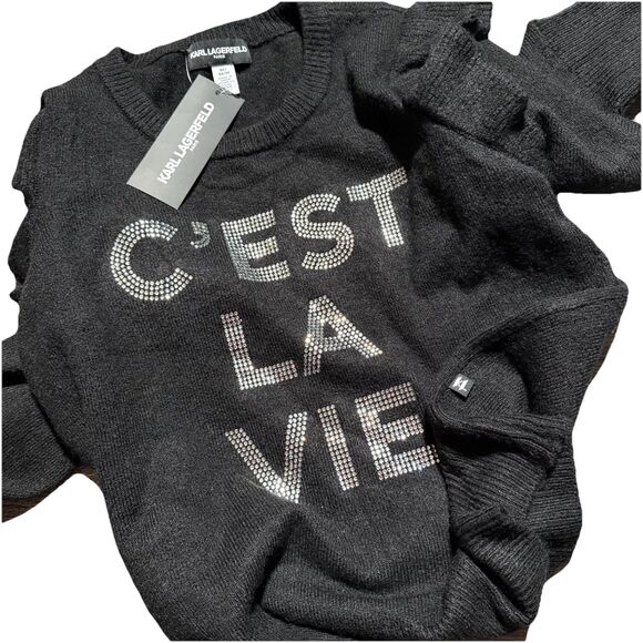 Karl Lagerfield Black C'est La Vie Flutter Sleeve Rhinestone Sweater NWT Medium - Picture 9 of 10